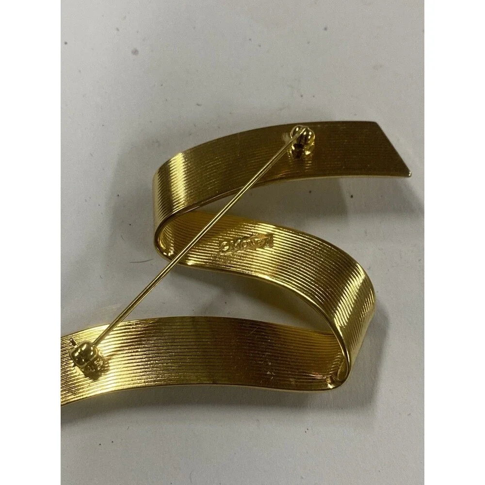 Lot 2 Vintage Monet Brooches Gold Tone Ribbon Curl Chain Link 1980s Signed